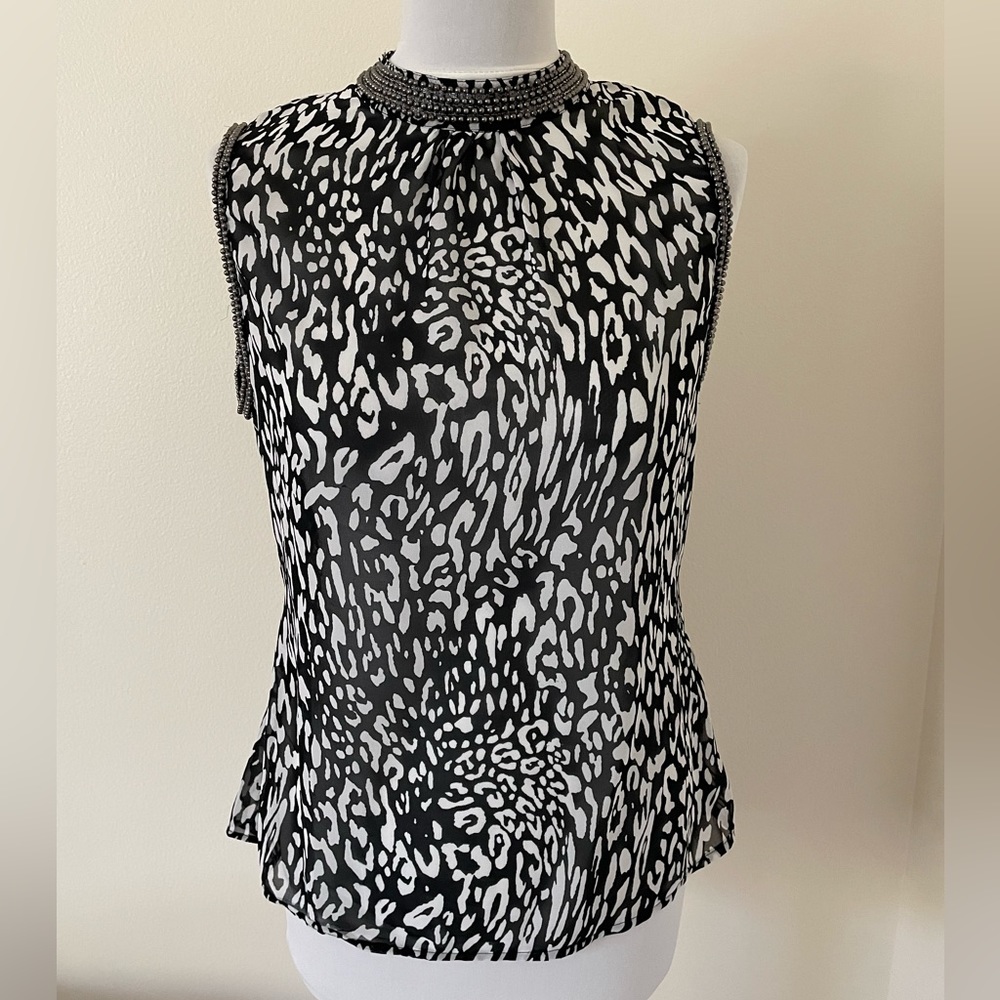 Only Women Top EUR 38 US M Black Sleeveless Leopard Sheer Beaded Sophisticated